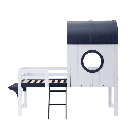 Beliche 90x200cm - Cama infantil com teto e janela, escada inclinada, gaveta com rodas - Branco+Azul