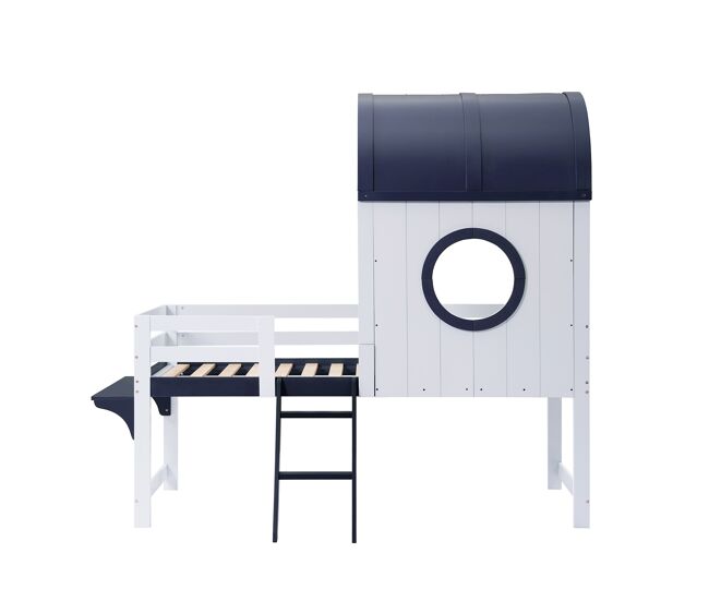 Litera 90x200cm - cama infantil con techo y ventana, escalera inclinada, cajón con ruedas - blanco+azul