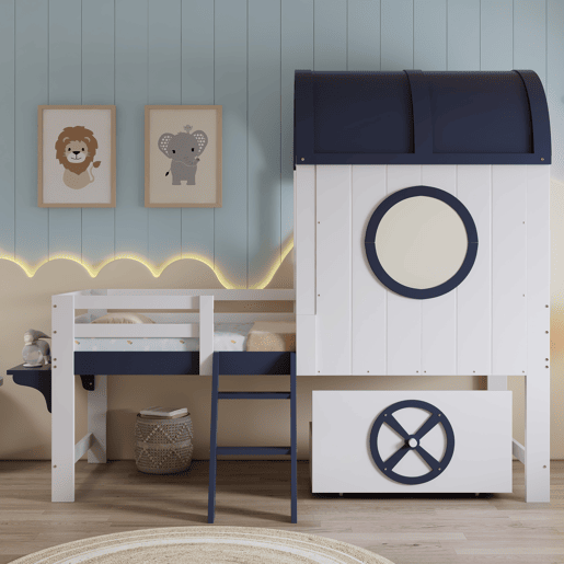 Beliche 90x200cm - Cama infantil com teto e janela, escada inclinada, gaveta com rodas - Branco+Azul