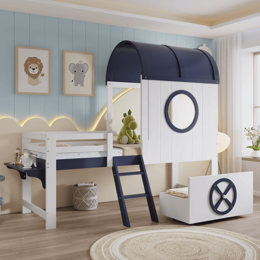 Beliche 90x200cm - Cama infantil com teto e janela, escada inclinada, gaveta com rodas - Branco+Azul