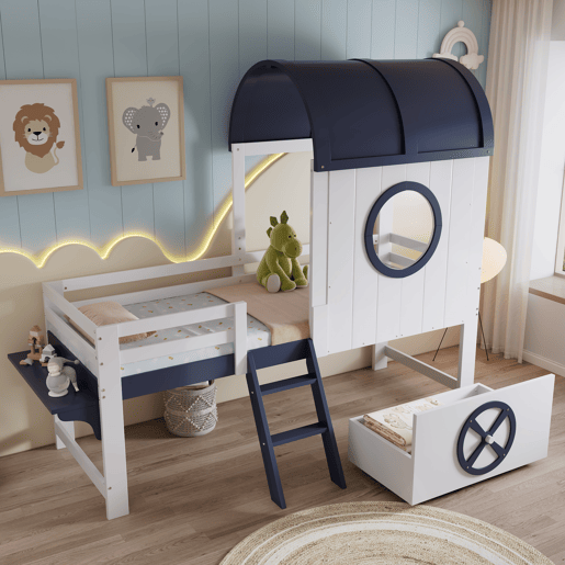Beliche 90x200cm - Cama infantil com teto e janela, escada inclinada, gaveta com rodas - Branco+Azul