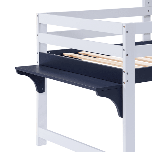 Beliche 90x200cm - Cama infantil com teto e janela, escada inclinada, gaveta com rodas - Branco+Azul