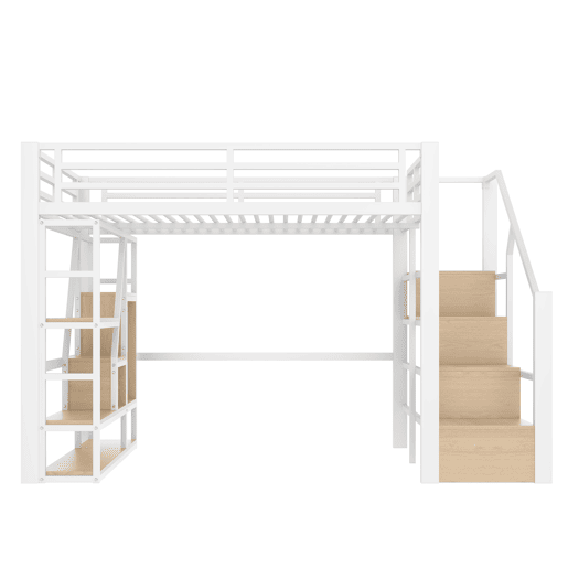 Cama loft 140x200 cm - Estrutura em ferro, prateleira, escadas integradas, corrimão, luz LED, arrumação aberta - Branco