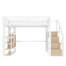 Cama loft 140x200 cm - Estrutura em ferro, prateleira, escadas integradas, corrimão, luz LED, arrumação aberta - Branco
