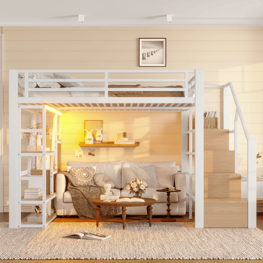 Cama loft 140x200 cm - Estrutura em ferro, prateleira, escadas integradas, corrimão, luz LED, arrumação aberta - Branco
