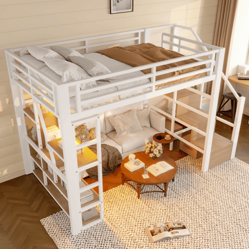 Cama loft 140x200 cm - Estrutura em ferro, prateleira, escadas integradas, corrimão, luz LED, arrumação aberta - Branco