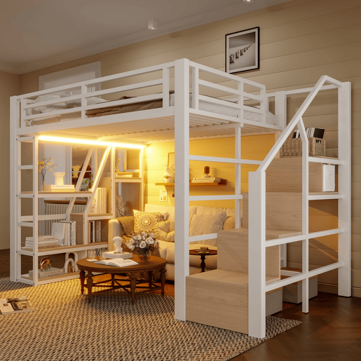 Cama loft 140x200 cm - Estrutura em ferro, prateleira, escadas integradas, corrimão, luz LED, arrumação aberta - Branco