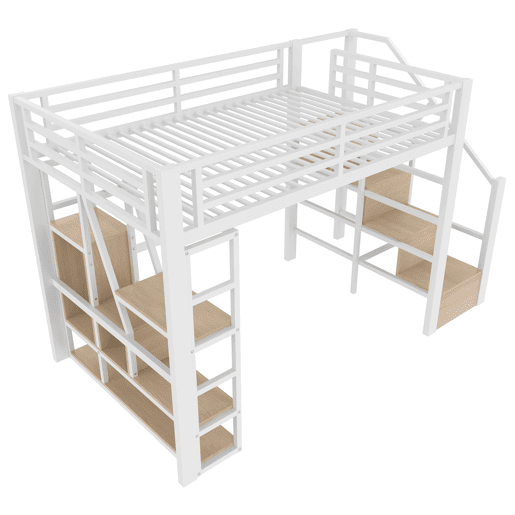 Cama loft 140x200 cm - Estrutura em ferro, prateleira, escadas integradas, corrimão, luz LED, arrumação aberta - Branco