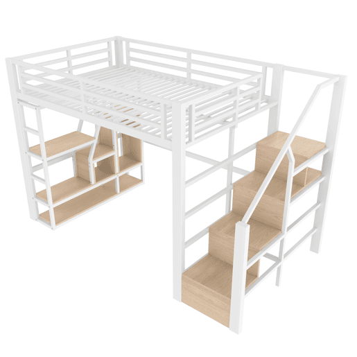 Cama loft 140x200 cm - Estrutura em ferro, prateleira, escadas integradas, corrimão, luz LED, arrumação aberta - Branco