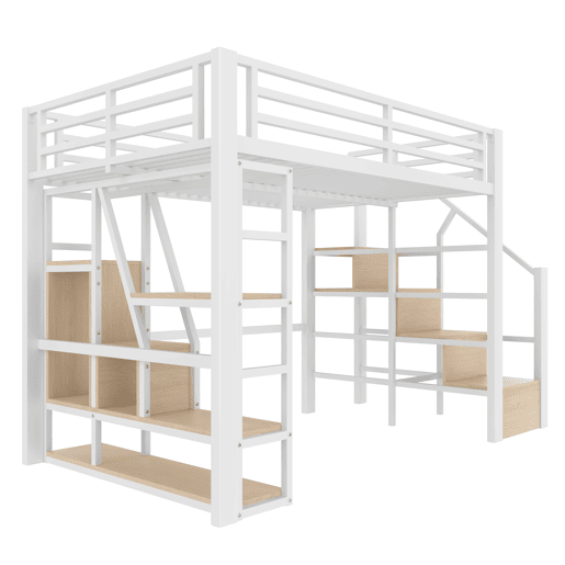 Cama loft 140x200 cm - Estrutura em ferro, prateleira, escadas integradas, corrimão, luz LED, arrumação aberta - Branco