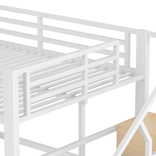 Cama loft 140x200 cm - Estrutura em ferro, prateleira, escadas integradas, corrimão, luz LED, arrumação aberta - Branco