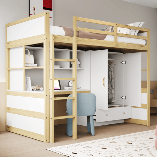 Cama alta 90x200 cm - Com escada, secretária com arrumação, armário e gavetas - Cor madeira Cama alta 90x200 cm - Com escada, secretária com arrumação, armário e gavetas - Cor madeira
