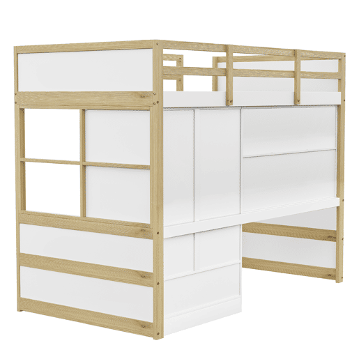 Cama alta 90x200 cm - Com escada, secretária com arrumação, armário e gavetas - Cor madeira Cama alta 90x200 cm - Com escada, secretária com arrumação, armário e gavetas - Cor madeira