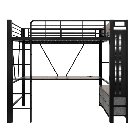 Cama alta 90x200 cm - ferro com secretária, barra de secagem, prateleiras, 4 gavetas, USB+Tipo-C, LED, grade, escada, sem colchão - preto