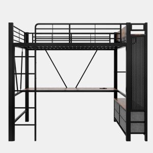 Cama alta 90x200 cm - ferro com secretária, barra de secagem, prateleiras, 4 gavetas, USB+Tipo-C, LED, grade, escada, sem colchão - preto