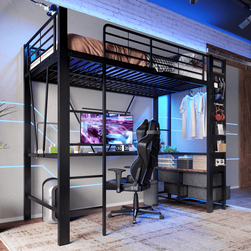 Cama alta 90x200 cm - ferro com secretária, barra de secagem, prateleiras, 4 gavetas, USB+Tipo-C, LED, grade, escada, sem colchão - preto