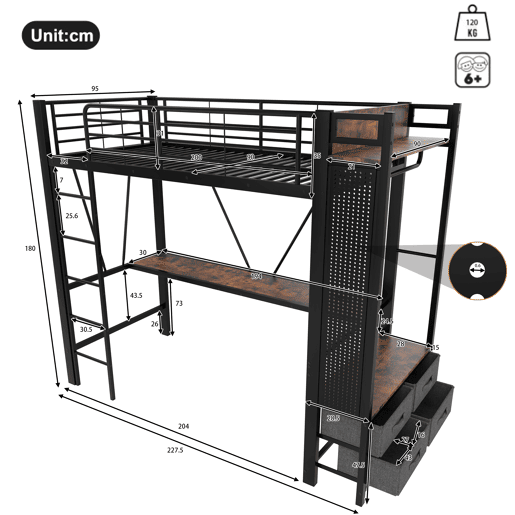 Cama alta 90x200 cm - ferro com secretária, barra de secagem, prateleiras, 4 gavetas, USB+Tipo-C, LED, grade, escada, sem colchão - preto