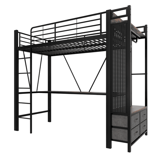 Cama alta 90x200 cm - ferro com secretária, barra de secagem, prateleiras, 4 gavetas, USB+Tipo-C, LED, grade, escada, sem colchão - preto