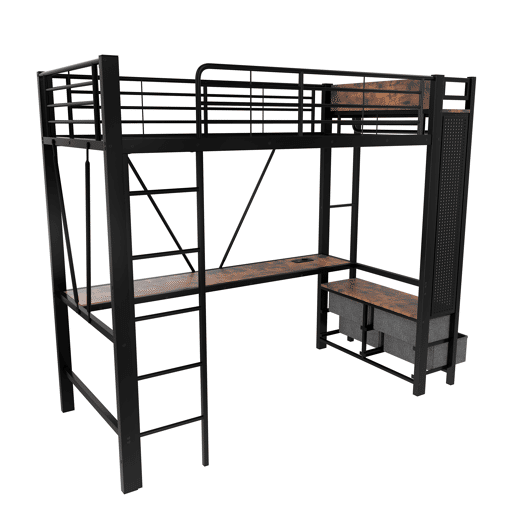 Cama alta 90x200 cm - ferro com secretária, barra de secagem, prateleiras, 4 gavetas, USB+Tipo-C, LED, grade, escada, sem colchão - preto