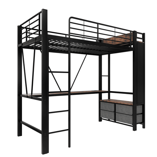 Cama alta 90x200 cm - ferro com secretária, barra de secagem, prateleiras, 4 gavetas, USB+Tipo-C, LED, grade, escada, sem colchão - preto