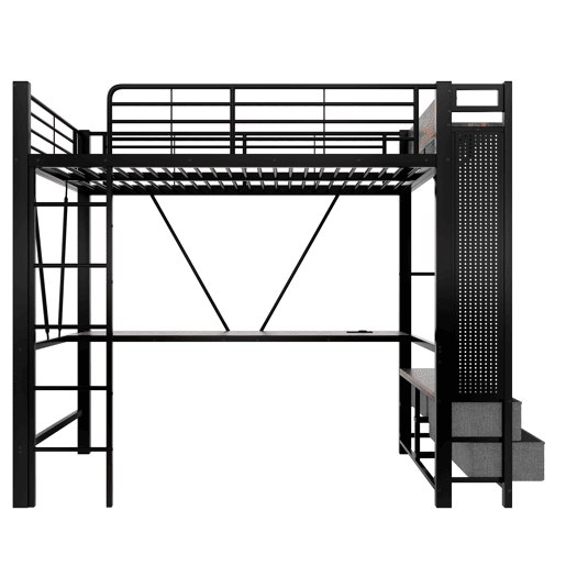 Cama alta 90x200 cm - ferro com secretária, barra de secagem, prateleiras, 4 gavetas, USB+Tipo-C, LED, grade, escada, sem colchão - preto