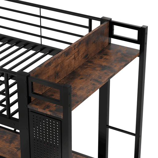 Cama alta 90x200 cm - ferro com secretária, barra de secagem, prateleiras, 4 gavetas, USB+Tipo-C, LED, grade, escada, sem colchão - preto