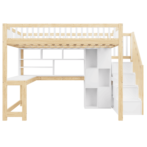 Cama alta 140x200 cm - Com luzes LED, estante, secretária, sem colchão - Branco+Natural Cama alta 140x200 cm - Com luzes LED, estante, secretária, sem colchão - Branco+Natural