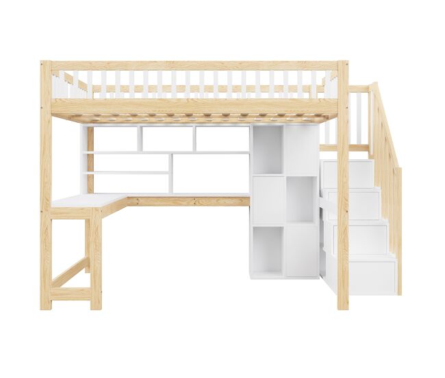 Cama alta 140x200 cm - con luces led, estantería, escritorio, sin colchón - blanco+natural