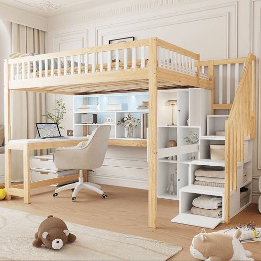 Cama alta 140x200 cm - Com luzes LED, estante, secretária, sem colchão - Branco+Natural Cama alta 140x200 cm - Com luzes LED, estante, secretária, sem colchão - Branco+Natural