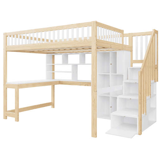 Cama alta 140x200 cm - Com luzes LED, estante, secretária, sem colchão - Branco+Natural Cama alta 140x200 cm - Com luzes LED, estante, secretária, sem colchão - Branco+Natural