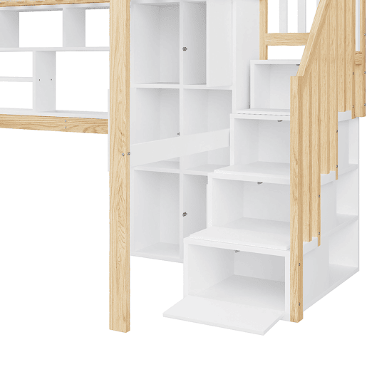 Cama alta 140x200 cm - Com luzes LED, estante, secretária, sem colchão - Branco+Natural Cama alta 140x200 cm - Com luzes LED, estante, secretária, sem colchão - Branco+Natural