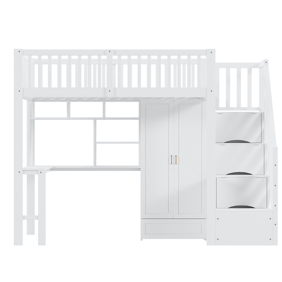 Cama alta 90x200 - con armario, estantería, mesa y escalera, estructura de madera, blanca