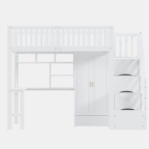 Cama alta 90x200 - Com armário, estante, mesa e escada, estrutura em madeira, branca