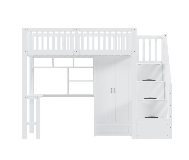 Cama alta 90x200 - con armario, estantería, mesa y escalera, estructura de madera, blanca