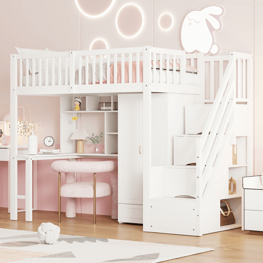 Cama alta 90x200 - Com armário, estante, mesa e escada, estrutura em madeira, branca Cama alta 90x200 - Com armário, estante, mesa e escada, estrutura em madeira, branca