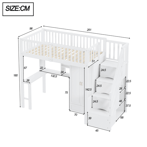 Cama alta 90x200 - Com armário, estante, mesa e escada, estrutura em madeira, branca Cama alta 90x200 - Com armário, estante, mesa e escada, estrutura em madeira, branca