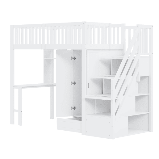 Cama alta 90x200 - Com armário, estante, mesa e escada, estrutura em madeira, branca Cama alta 90x200 - Com armário, estante, mesa e escada, estrutura em madeira, branca