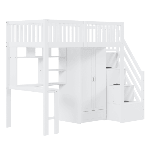 Cama alta 90x200 - Com armário, estante, mesa e escada, estrutura em madeira, branca Cama alta 90x200 - Com armário, estante, mesa e escada, estrutura em madeira, branca