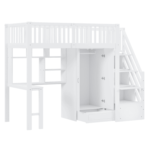 Cama alta 90x200 - Com armário, estante, mesa e escada, estrutura em madeira, branca Cama alta 90x200 - Com armário, estante, mesa e escada, estrutura em madeira, branca