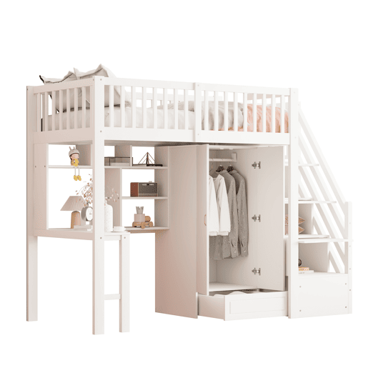 Cama alta 90x200 - Com armário, estante, mesa e escada, estrutura em madeira, branca Cama alta 90x200 - Com armário, estante, mesa e escada, estrutura em madeira, branca