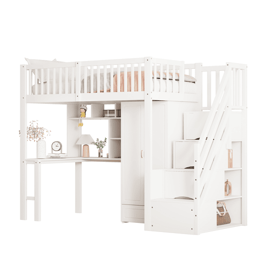 Cama alta 90x200 - Com armário, estante, mesa e escada, estrutura em madeira, branca Cama alta 90x200 - Com armário, estante, mesa e escada, estrutura em madeira, branca
