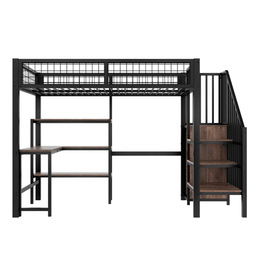 Cama alta 90x200 cm - estrutura em ferro, secretária inferior, várias prateleiras, armário embutido, sem colchão - preto Cama alta 90x200 cm - estrutura em ferro, secretária inferior, várias prateleiras, armário embutido, sem colchão - preto