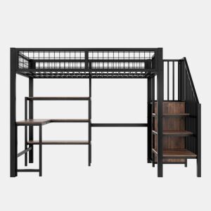 Cama alta 90x200 cm - estrutura em ferro, secretária inferior, várias prateleiras, armário embutido, sem colchão - preto