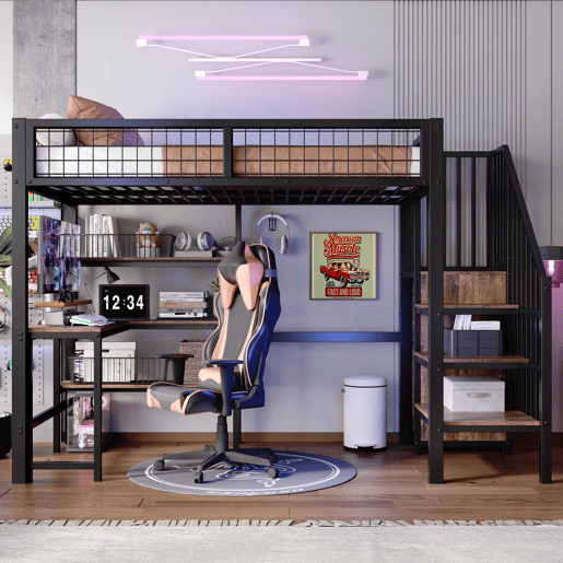 Cama alta 90x200 cm - estrutura em ferro, secretária inferior, várias prateleiras, armário embutido, sem colchão - preto Cama alta 90x200 cm - estrutura em ferro, secretária inferior, várias prateleiras, armário embutido, sem colchão - preto