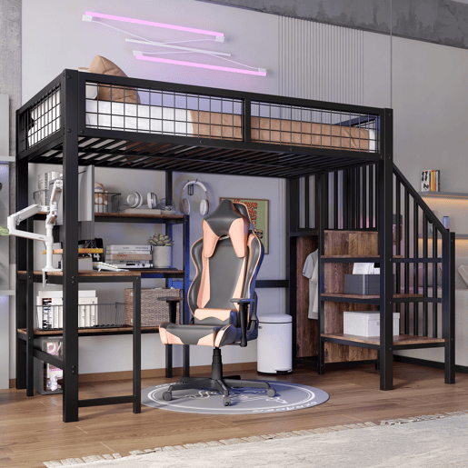 Cama alta 90x200 cm - estrutura em ferro, secretária inferior, várias prateleiras, armário embutido, sem colchão - preto Cama alta 90x200 cm - estrutura em ferro, secretária inferior, várias prateleiras, armário embutido, sem colchão - preto