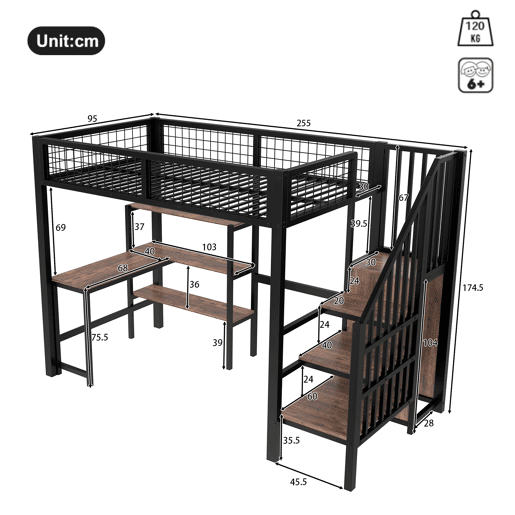 Cama alta 90x200 cm - estrutura em ferro, secretária inferior, várias prateleiras, armário embutido, sem colchão - preto Cama alta 90x200 cm - estrutura em ferro, secretária inferior, várias prateleiras, armário embutido, sem colchão - preto
