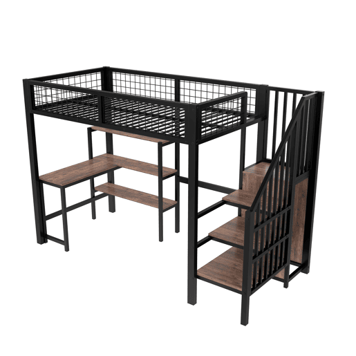 Cama alta 90x200 cm - estrutura em ferro, secretária inferior, várias prateleiras, armário embutido, sem colchão - preto Cama alta 90x200 cm - estrutura em ferro, secretária inferior, várias prateleiras, armário embutido, sem colchão - preto