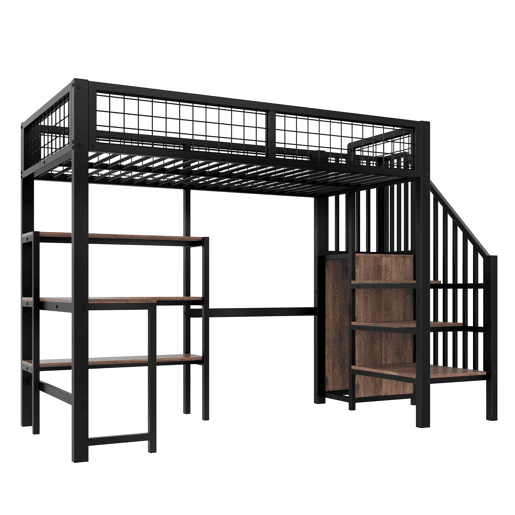 Cama alta 90x200 cm - estrutura em ferro, secretária inferior, várias prateleiras, armário embutido, sem colchão - preto Cama alta 90x200 cm - estrutura em ferro, secretária inferior, várias prateleiras, armário embutido, sem colchão - preto