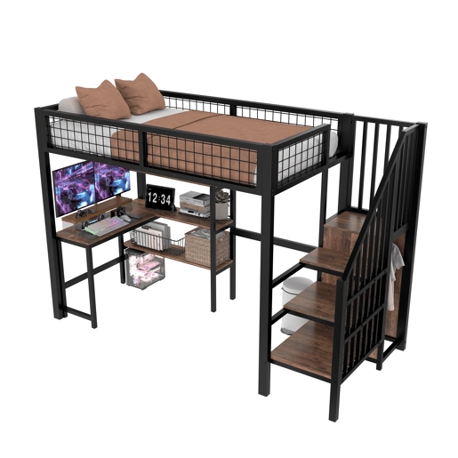 Cama alta 90x200 cm - estrutura em ferro, secretária inferior, várias prateleiras, armário embutido, sem colchão - preto Cama alta 90x200 cm - estrutura em ferro, secretária inferior, várias prateleiras, armário embutido, sem colchão - preto