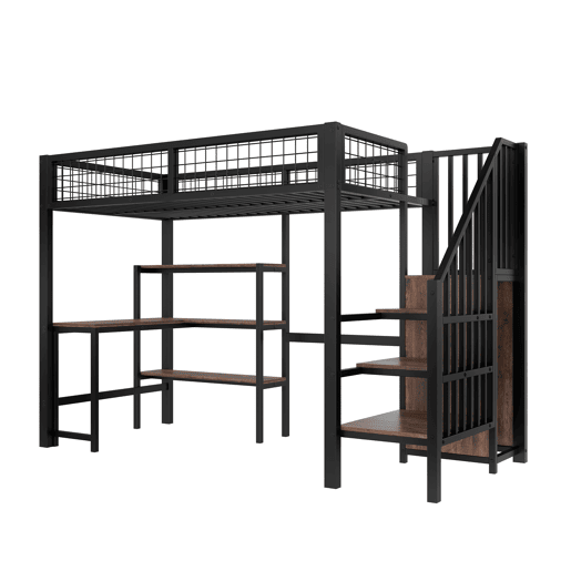 Cama alta 90x200 cm - estrutura em ferro, secretária inferior, várias prateleiras, armário embutido, sem colchão - preto Cama alta 90x200 cm - estrutura em ferro, secretária inferior, várias prateleiras, armário embutido, sem colchão - preto